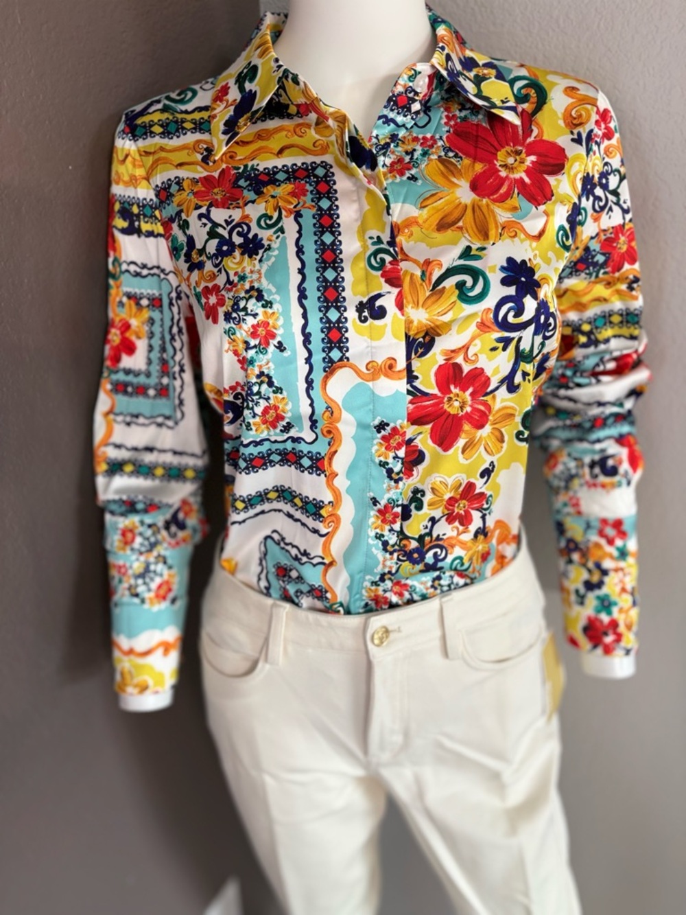 Boston Proper Multicolor Floral-Scroll Button Blouse — Orange, Aqua & Navy